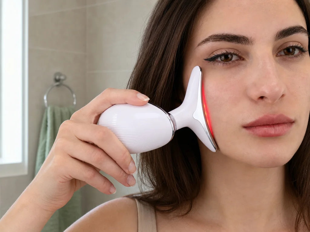 Natural-use product photograph for a 4:3 product gallery, showing the exact white Escultor facial de