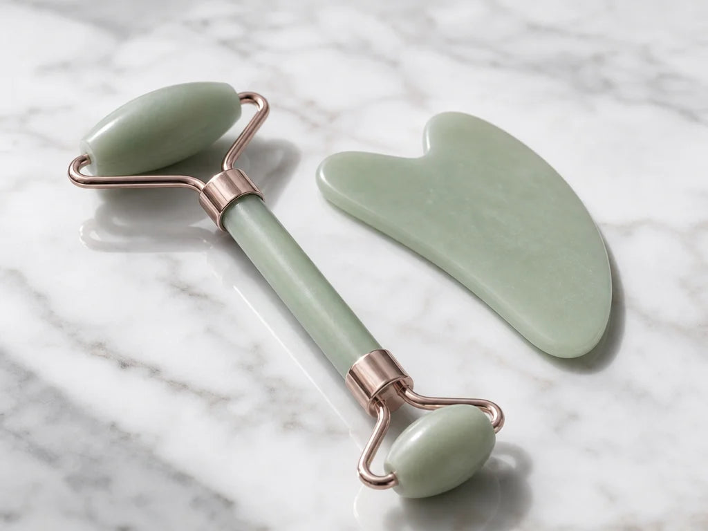 Close-up physical-material beauty photograph for a 4:3 benefit card, showing the exact green jade fa