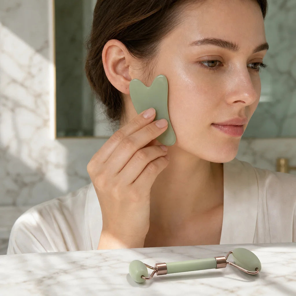 Single decisive beauty-use photograph for a square comparison card, showing a realistic hand drawing