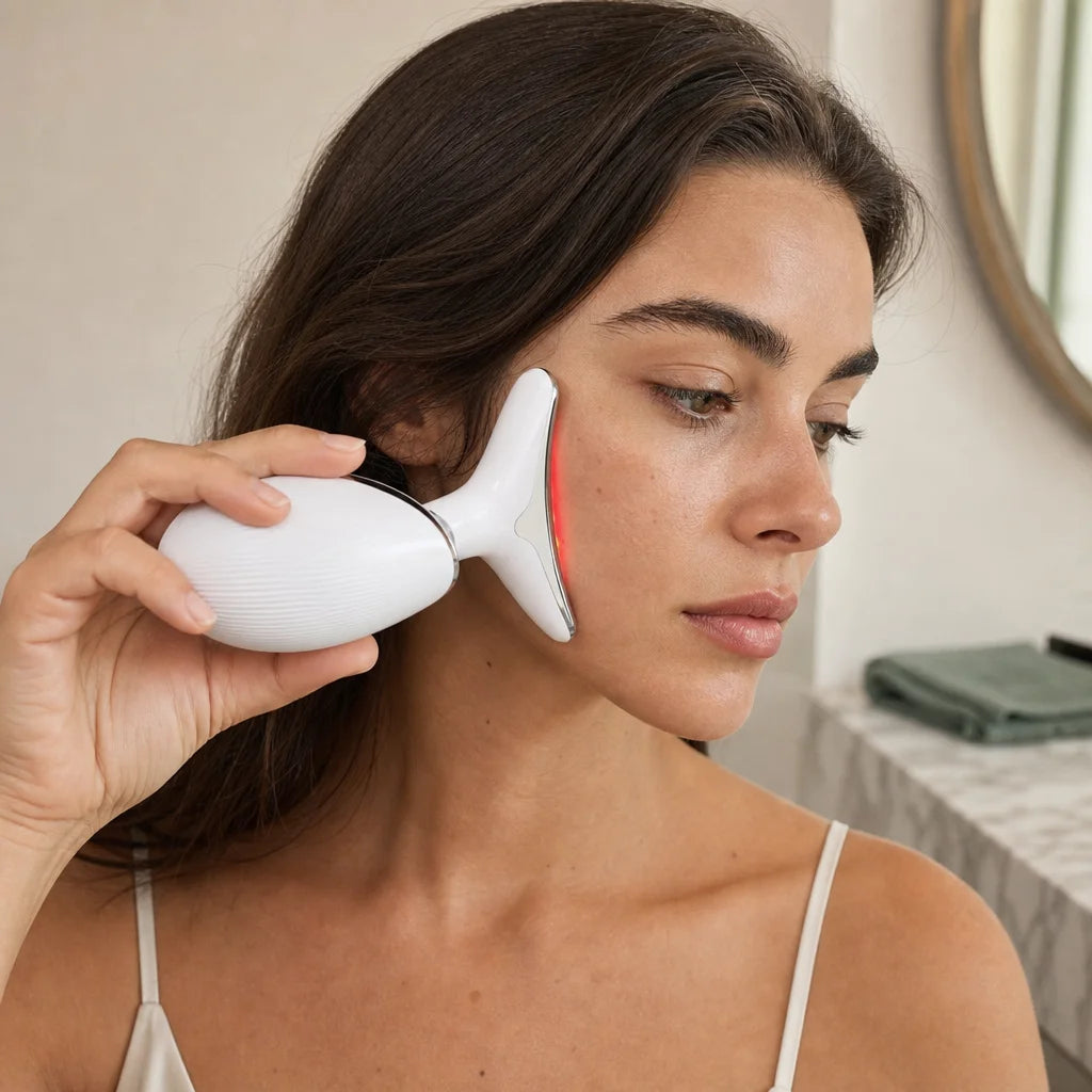 Premium editorial real-use skincare photograph, 1:1 square format. The exact white Escultor facial d
